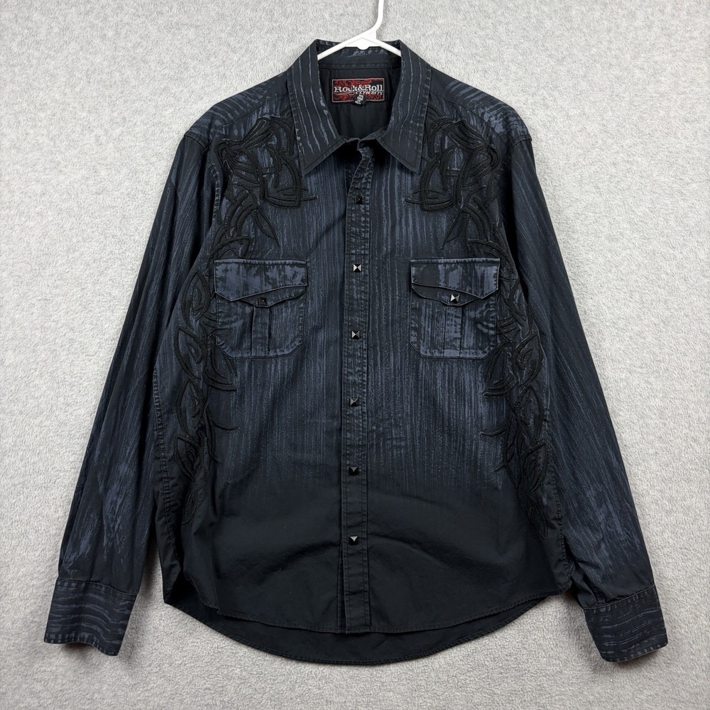 Rock & Roll Cowboy Shirt Mens Large Black Embroidered Stud‎ Pearl Snap Western